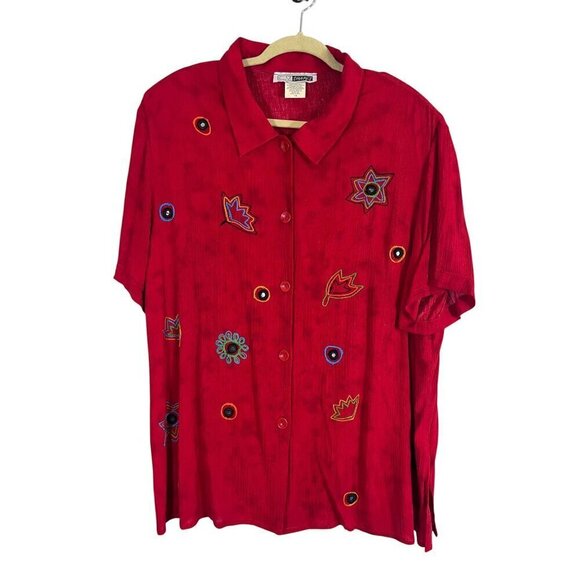 CM Shapes Tops - Retro Crinkle Floral Shirt 1X Red Embroidery Artsy 80s Ribbed Preppy Classic 80s